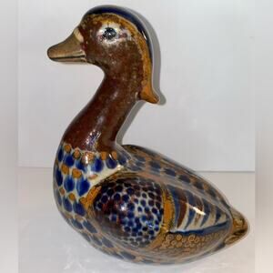 Vtg Tonala Brwn Blue Tan Studio Pottery Ethnic Boho MCM 9”T 7 L and 5 W Decor